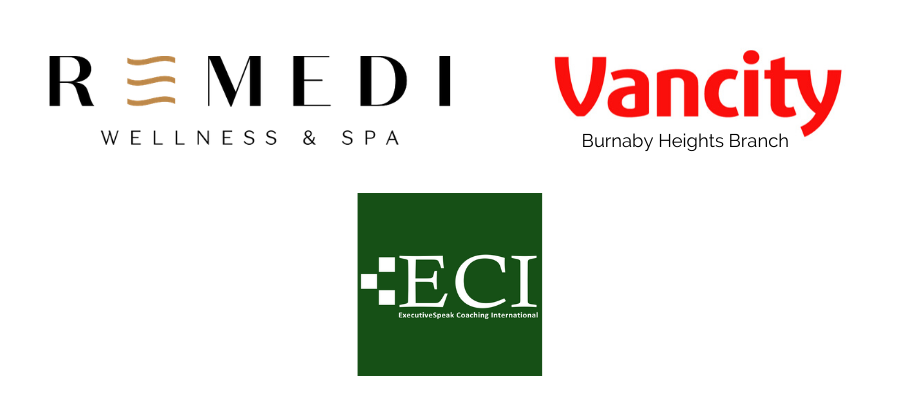 Logos of Remedi Wellness & Spa (top left), Vancity Burnaby Heights Branch (top right), ExecutiveSpeak Coaching International (bottom)